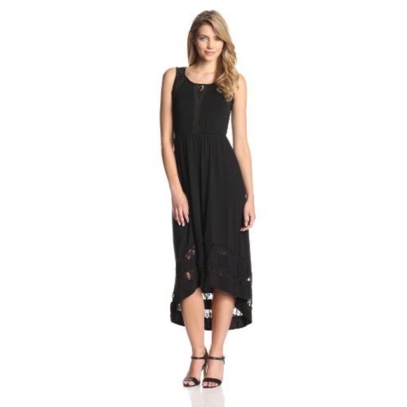 NY COLLECTION Black Sleeveless Maxi Dress Lace Insets High Low Hem Medium - Picture 1 of 8